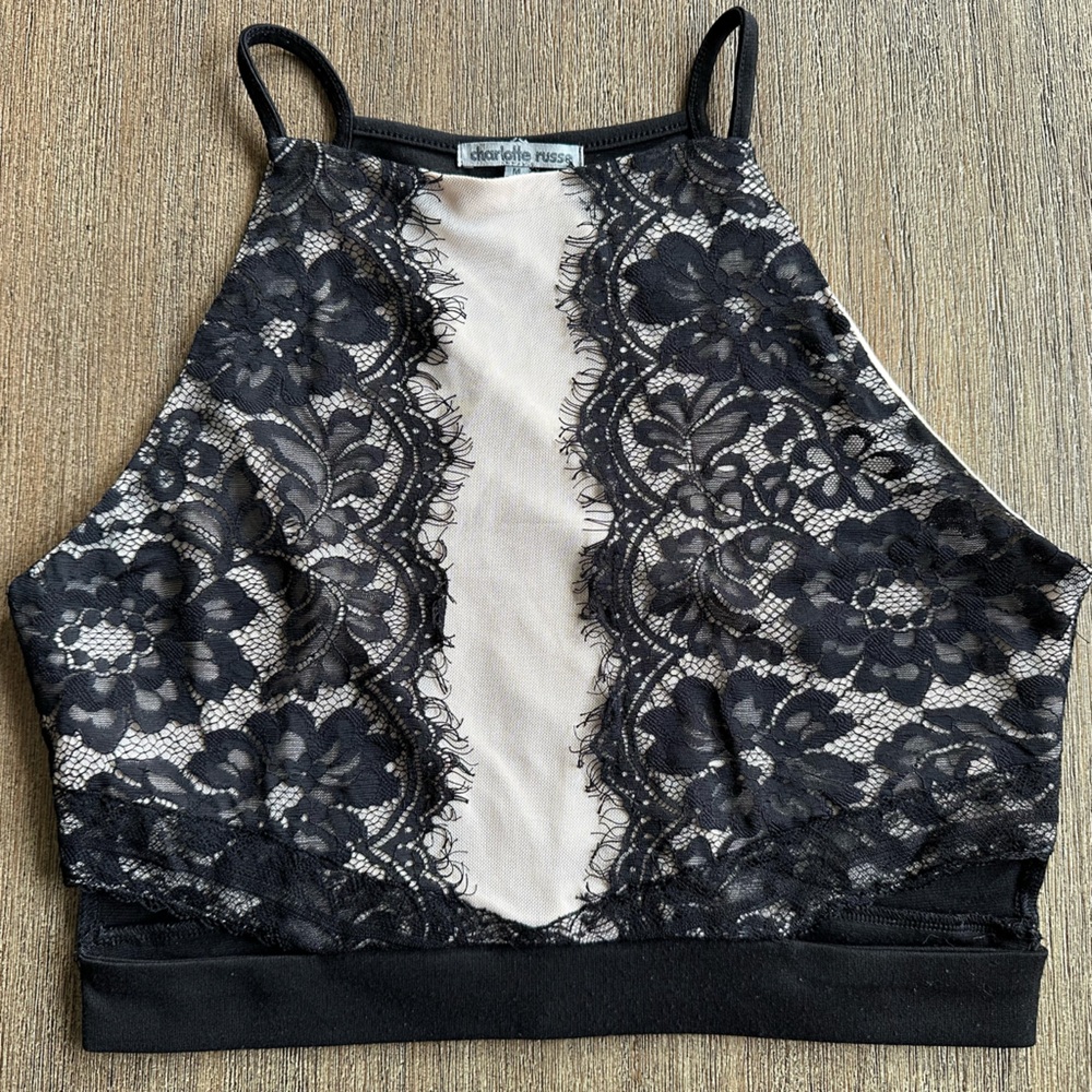 Charlotte Russe Black/Ivory Lace Trim Cropped Bralette Tank, Jrs Sz M GUC